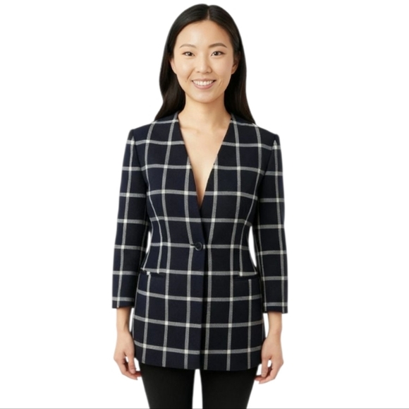 Vintage Giorgio Armani Navy & Ivory Checkered Longer Blazer Size 42/8